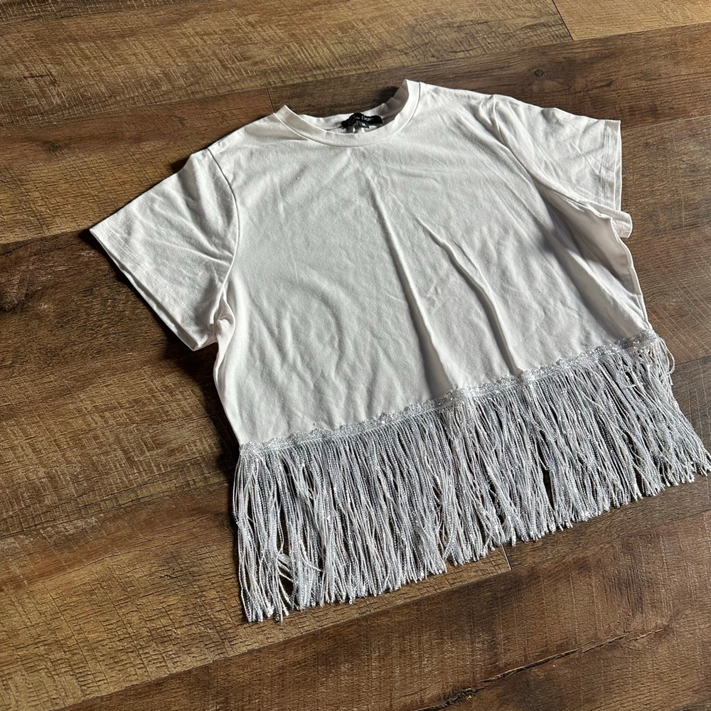 Women's On 12th White Short Sleeve Tee with Silver Fringe, Size M